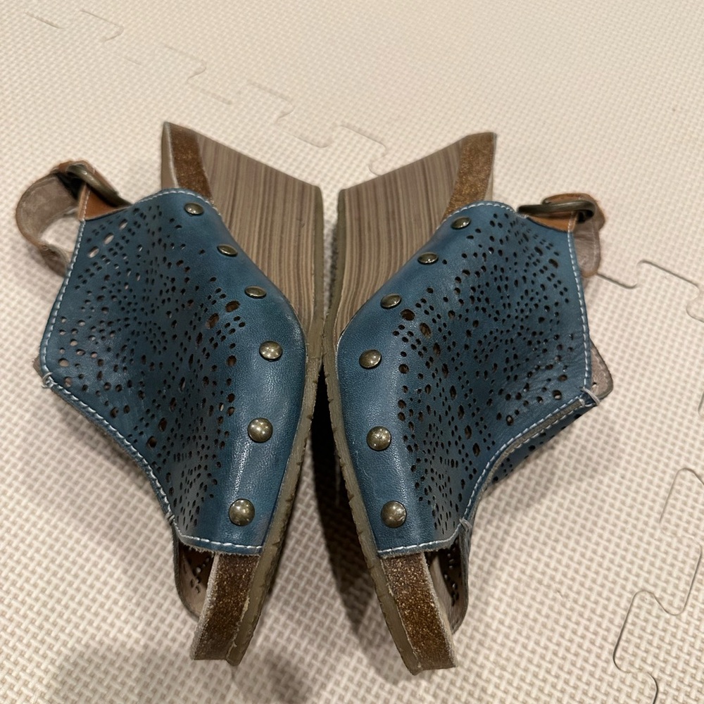 Pikolinos Mahon Blue Laser-Cut Leather Slingback Wedge Sandals Size 39 (US 8.5) - Picture 3 of 12